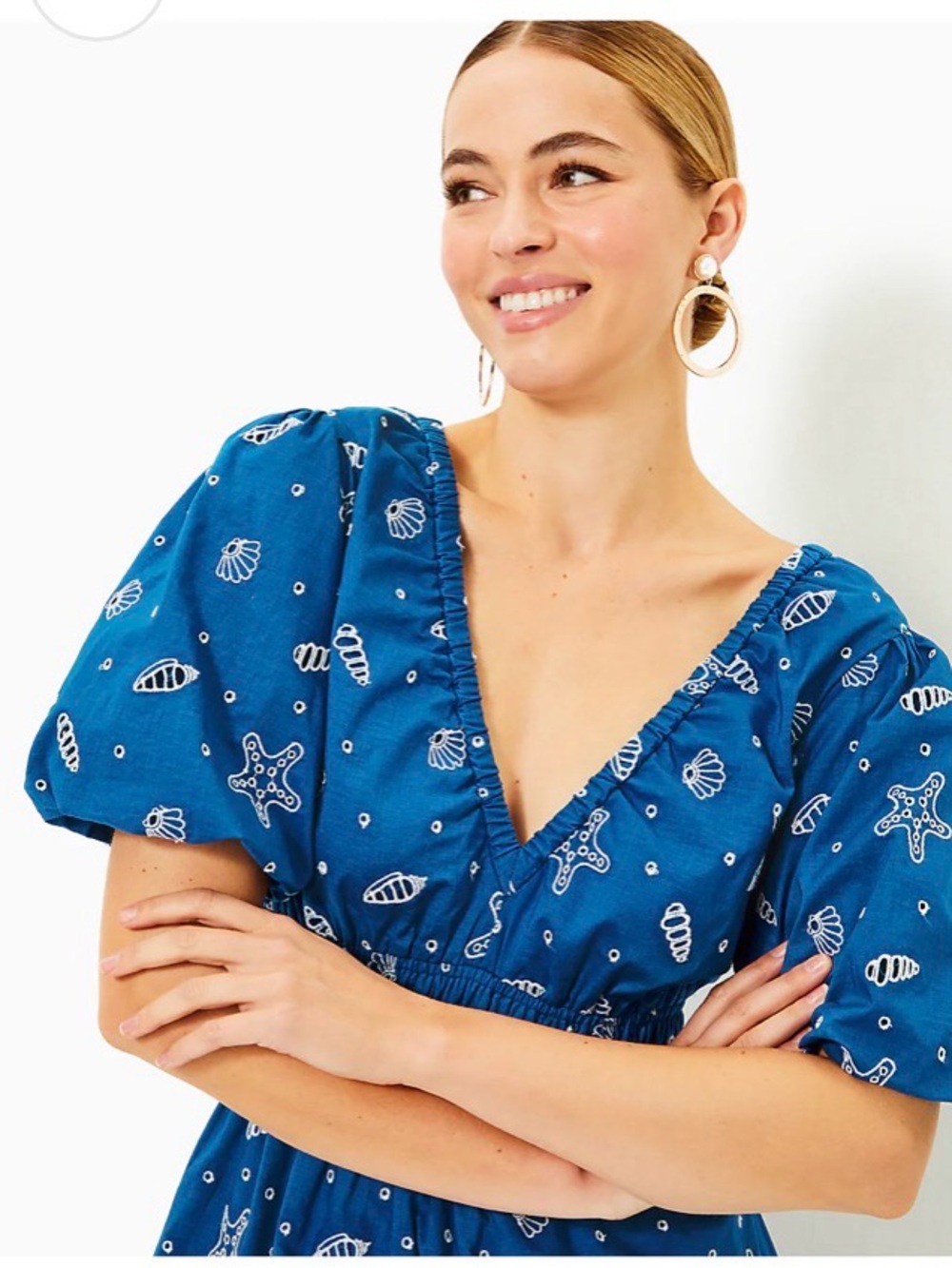 Lilly Pulitzer Kilynn Royal Blue Seashell Puff-Sleeve Cotton Mini Dress - Picture 4 of 8